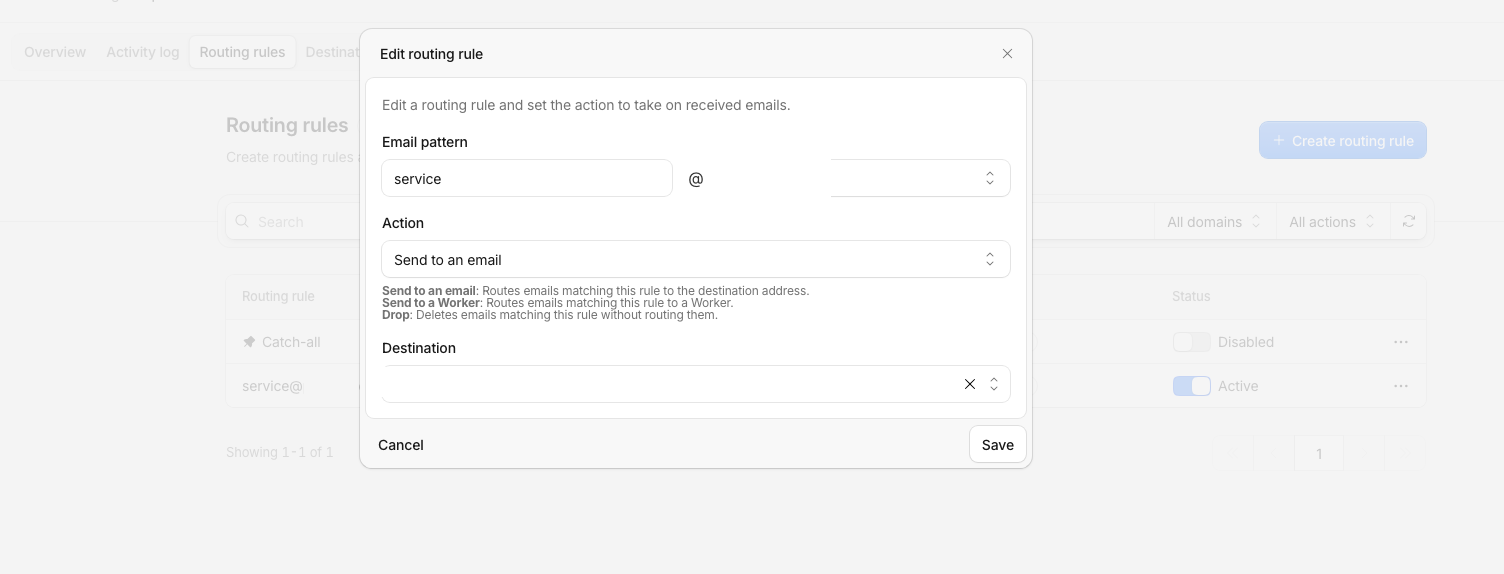 Cloudflare Email Routing 的 Edit routing rule 視窗，可設定地址、Action 與 Destination
